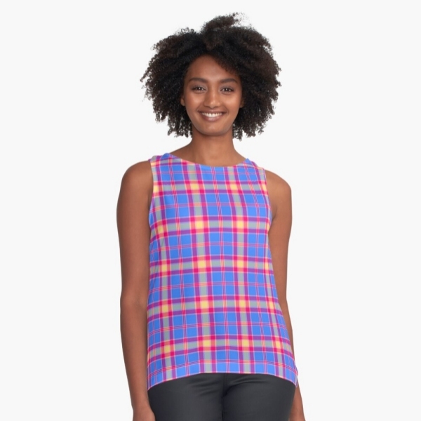 Bright blue, hot pink, and yellow plaid sleeveless top