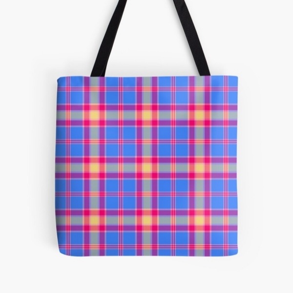 Bright blue, hot pink, and yellow plaid tote bag