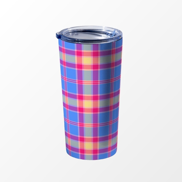 Bright blue, hot pink, and yellow plaid travel mug