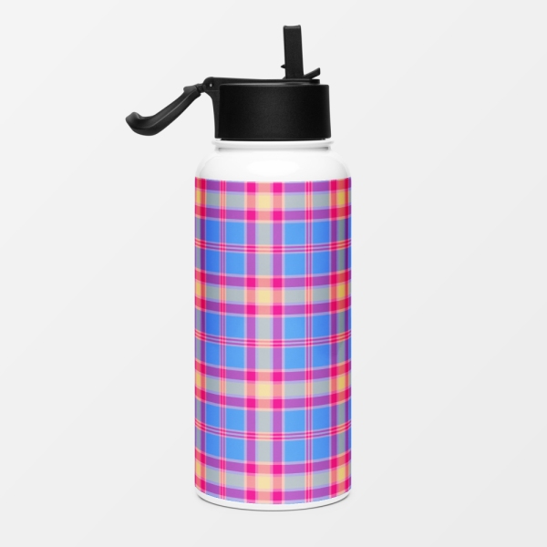 Bright blue, hot pink, and yellow plaid water jug