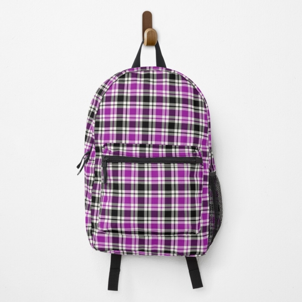 Bright purple, black, and white plaid backpack