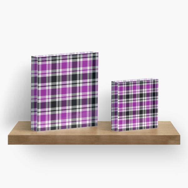 Bright purple, black, and white plaid acrylic block