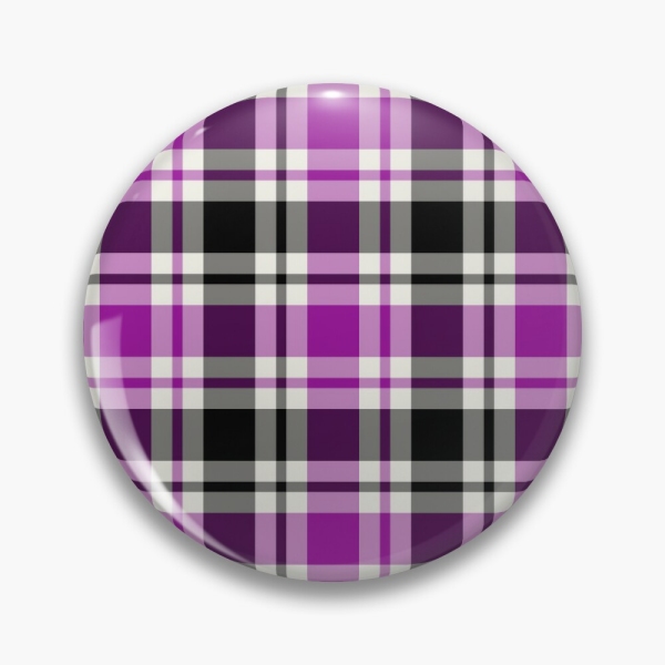 Bright purple, black, and white plaid pinback button