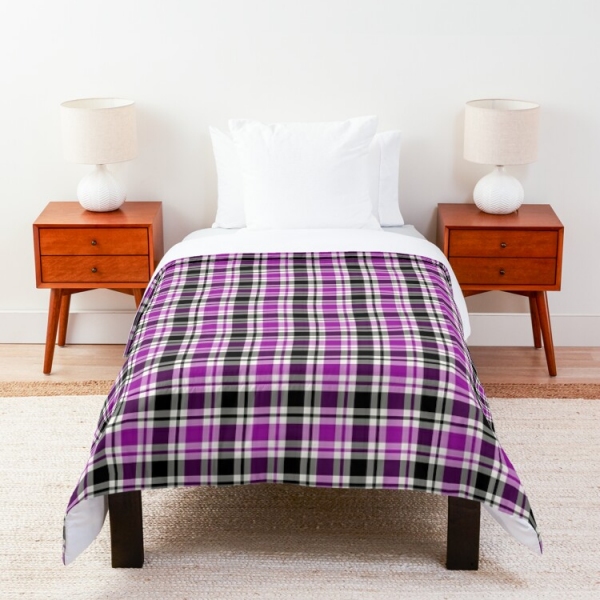 Bright purple, black, and white plaid comforter
