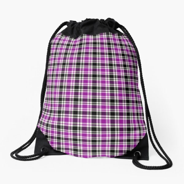 Bright purple, black, and white plaid drawstring bag