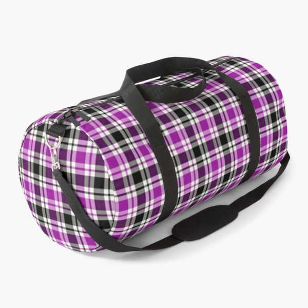 Bright purple, black, and white plaid duffle bag