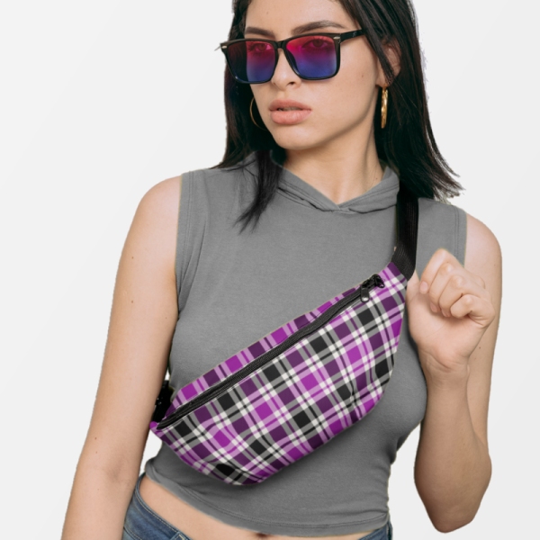 Bright purple, black, and white plaid fanny pack