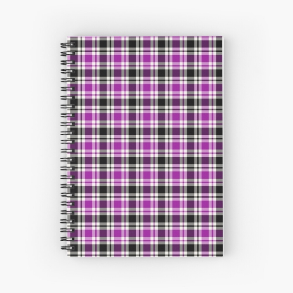 Bright purple, black, and white plaid spiral notebook