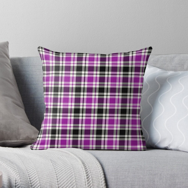 Bright purple, black, and white plaid throw pillow