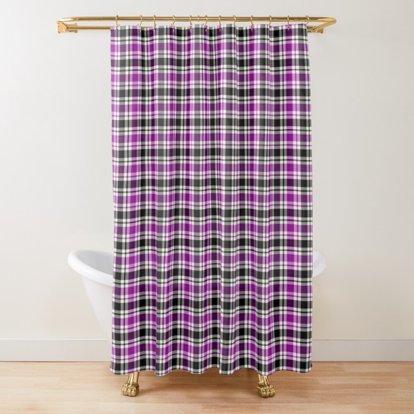 Bright purple, black, and white plaid shower curtain