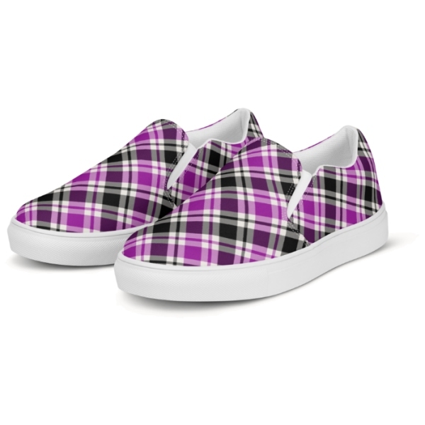 Bright purple, black, and white plaid men's slip-on shoes