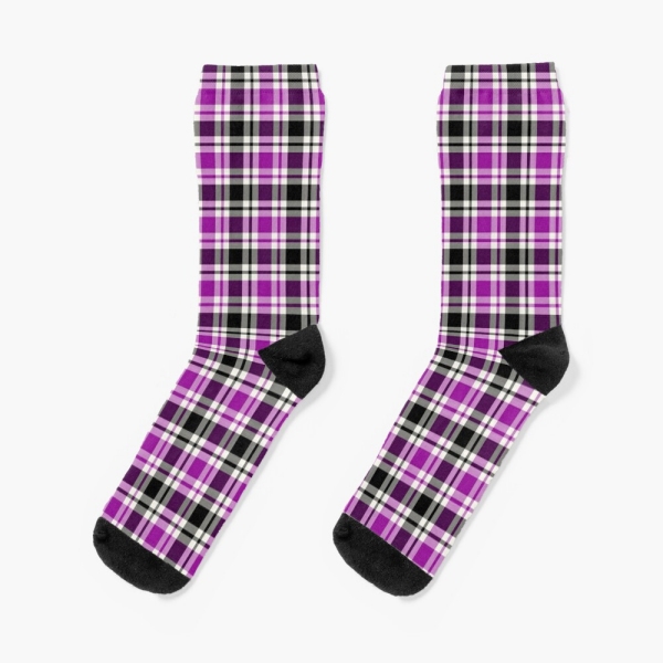 Bright purple, black, and white plaid socks