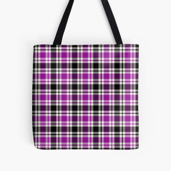 Bright purple, black, and white plaid tote bag