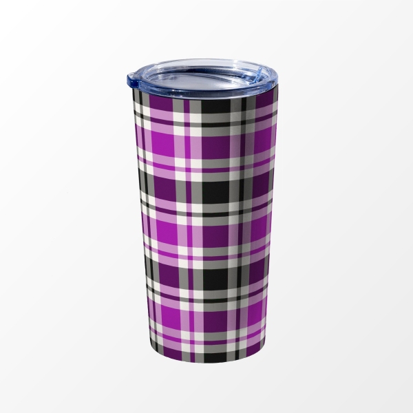 Bright purple, black, and white plaid travel mug