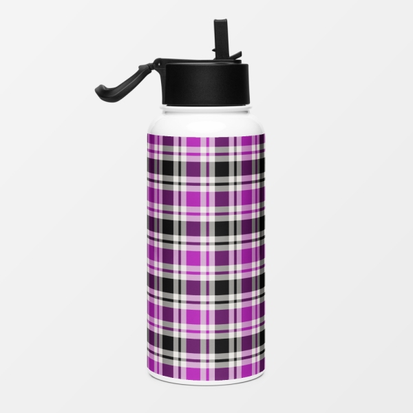 Bright purple, black, and white plaid water jug