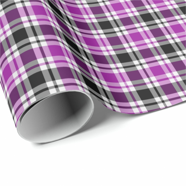 Bright purple, black, and white plaid wrapping paper