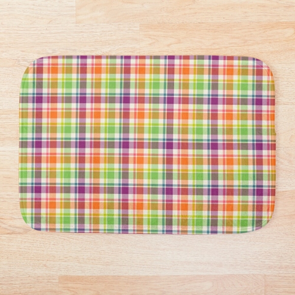 Bright purple, orange, and lime green plaid floor mat