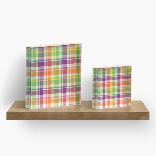 Bright purple, orange, and lime green plaid acrylic block