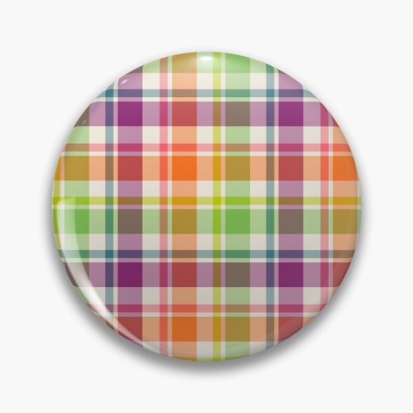 Bright purple, orange, and lime green plaid pinback button