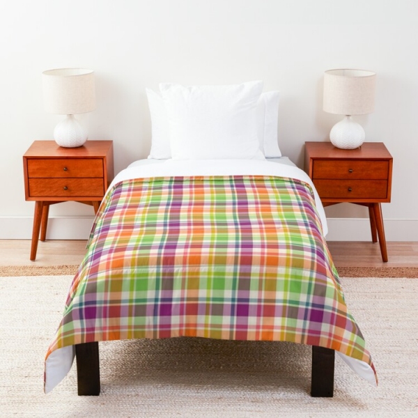 Bright purple, orange, and lime green plaid comforter