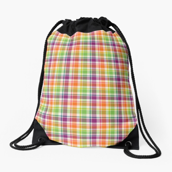 Bright purple, orange, and lime green plaid drawstring bag