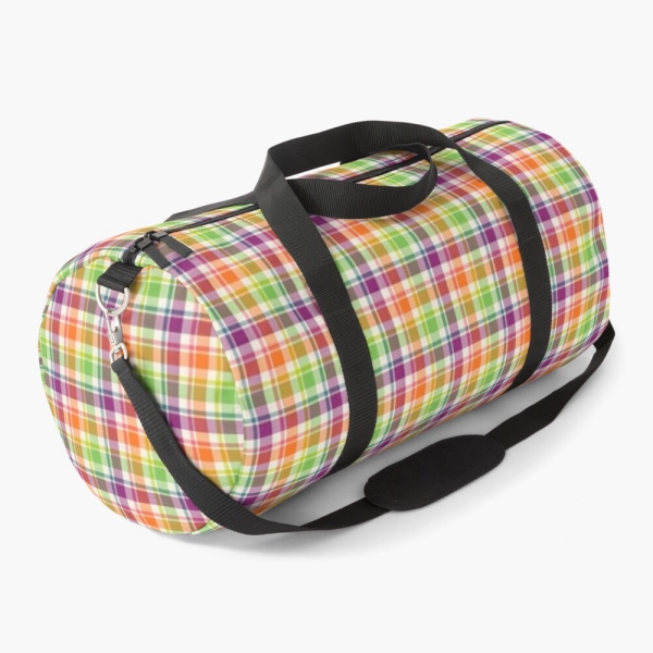 Bright purple, orange, and lime green plaid duffle bag