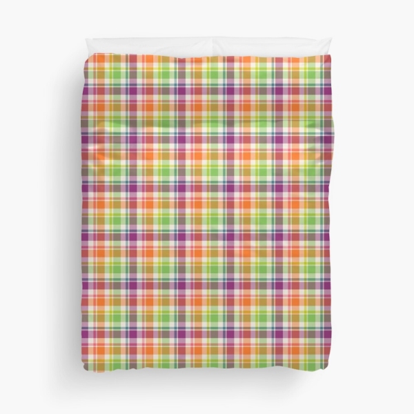 Bright purple, orange, and lime green plaid duvet cover