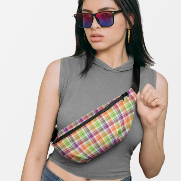 Bright purple, orange, and lime green plaid fannypack