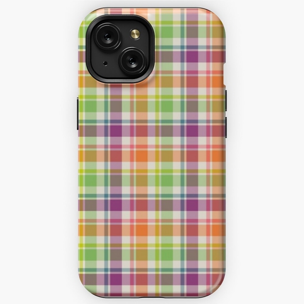 Bright purple, orange, and lime green plaid iPhone case