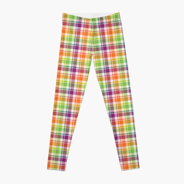 Bright purple, orange, and lime green plaid leggings