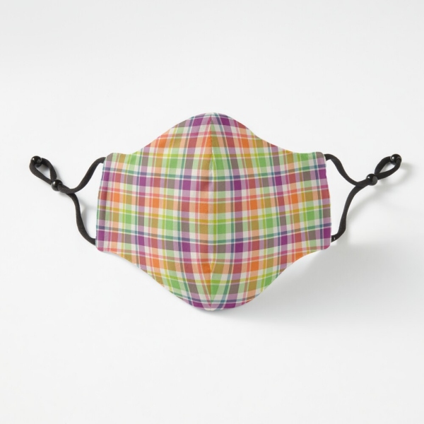 Bright purple, orange, and lime green plaid fitted face mask