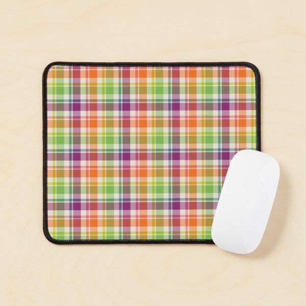 Bright purple, orange, and lime green plaid mouse pad