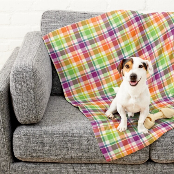 Bright purple, orange, and lime green plaid pet blanket