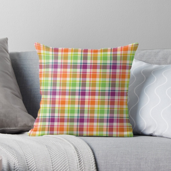 Bright purple, orange, and lime green plaid throw pillow