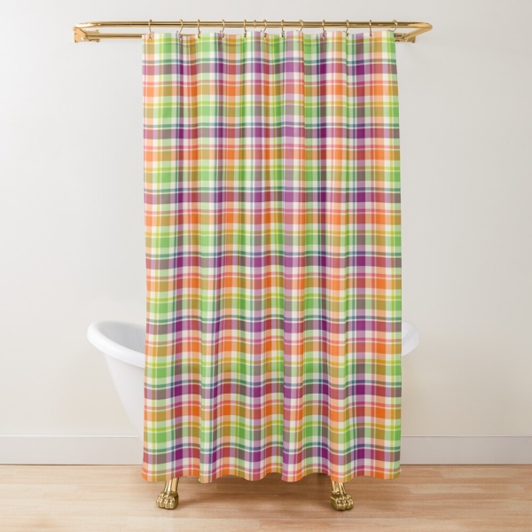 Bright purple, orange, and lime green plaid shower curtain