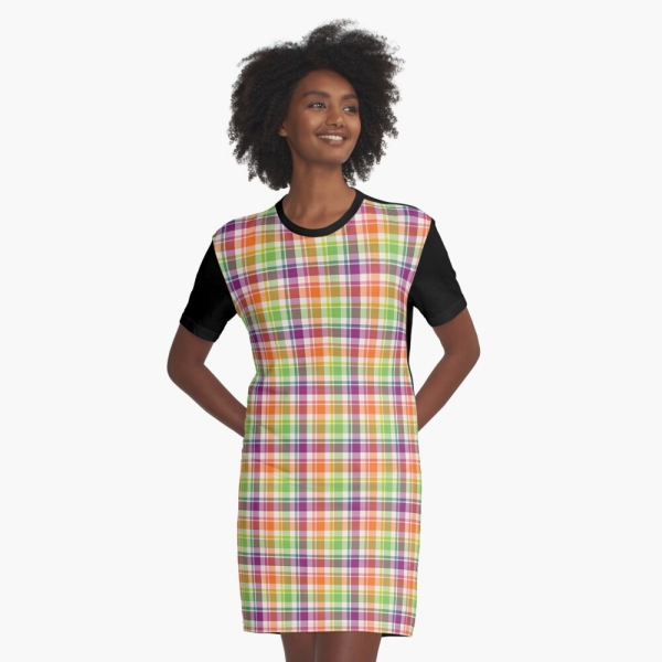 Bright purple, orange, and lime green plaid tee shirt dress