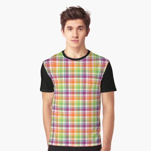 Bright purple, orange, and lime green plaid tee shirt