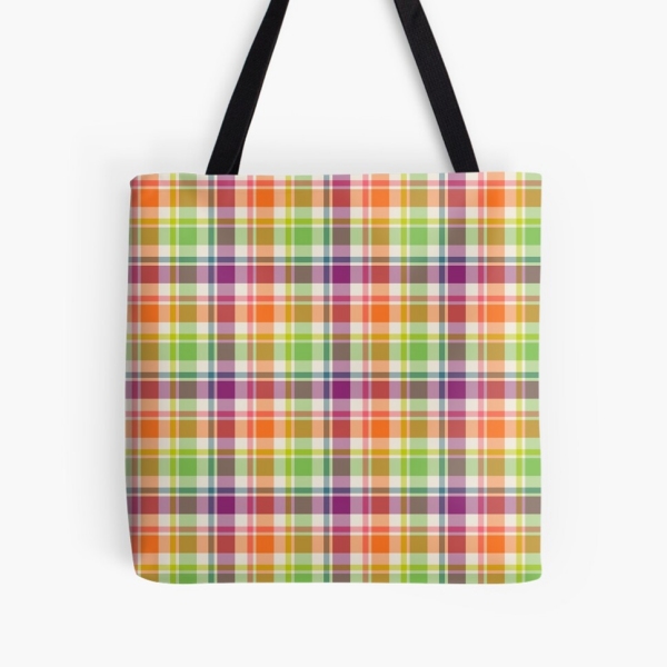 Bright purple, orange, and lime green plaid tote bag