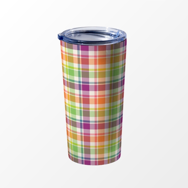 Bright purple, orange, and lime green plaid travel mug