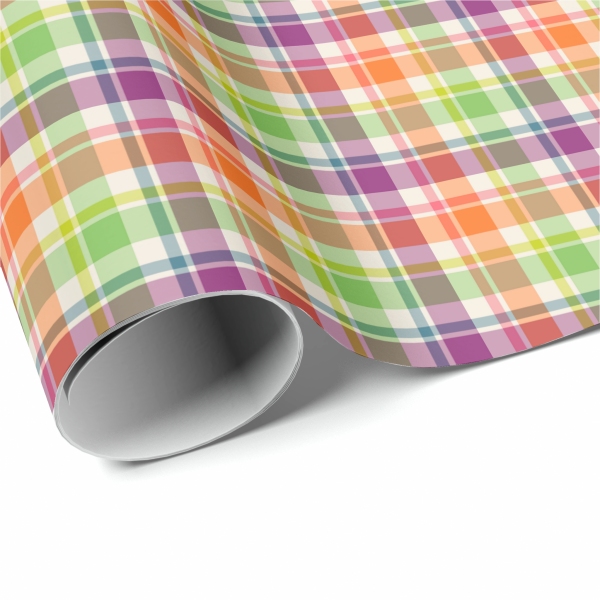 Bright purple, orange, and lime green plaid wrapping paper