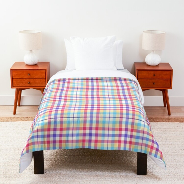 Purple, pink, and blue plaid comforter