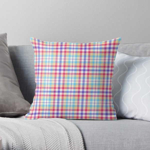 Purple, pink, and blue plaid throw pillow