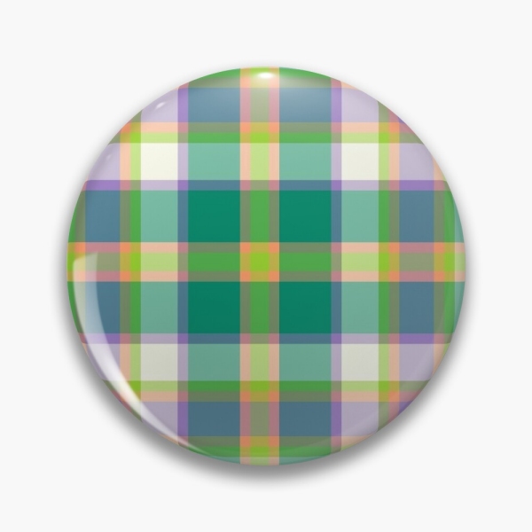 Bright seafoam green and purple plaid pinback button