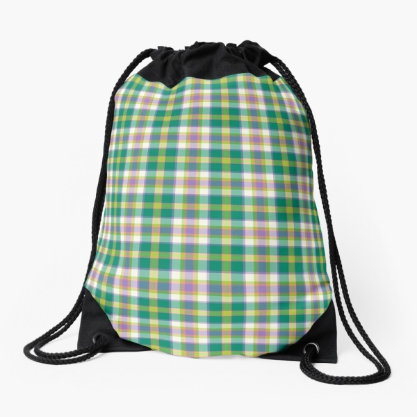 Bright seafoam green and purple plaid drawstring bag