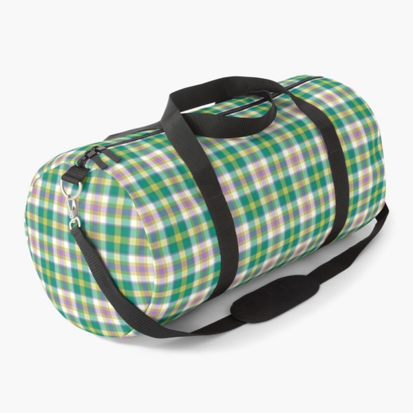 Bright seafoam green and purple plaid duffle bag