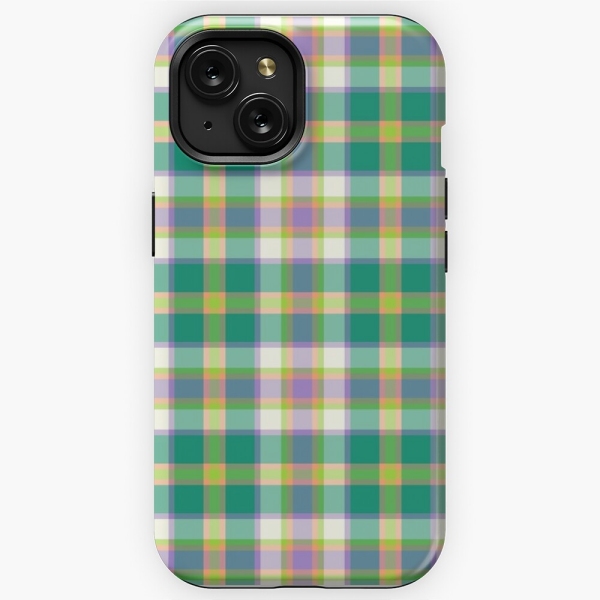 Bright seafoam green and purple plaid iPhone case