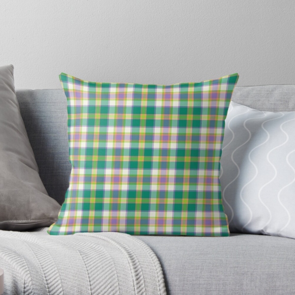 Bright seafoam green and purple plaid throw pillow