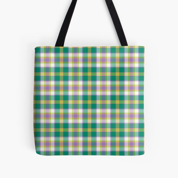 Bright seafoam green and purple plaid tote bag