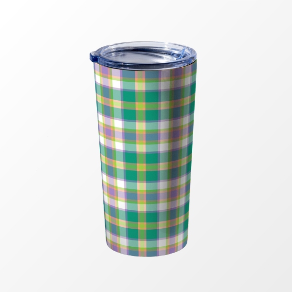 Bright seafoam green and purple plaid travel mug