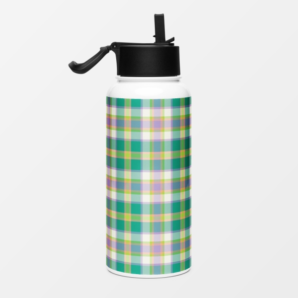 Bright seafoam green and purple plaid water jug